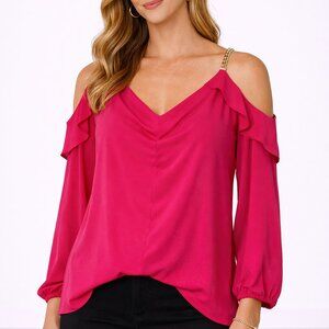 Michael Michael Kors Pink Cold-Shoulder Blouse w/ Gold Chain Detail Size Medium